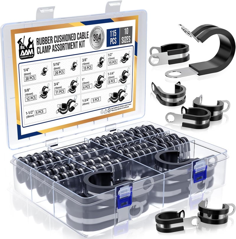 AAM ESSENTIALS 115 pcs cable clamps-304 Stainless Steel-Rubber Cushion Wire clamps-10 sizes 1/4" 5/16" 3/8" 1/2" 5/8" 3/4" 1" 1-1/4" 1-1/2" 1-3/4"-Assortment kit for pipe & wire mounting (Extra 5pcs) - Image 2